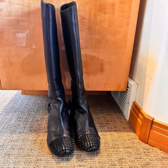 Christian Louboutin Egoutina Tall Riding Boots spiked stud black leather pull-on - Picture 12 of 15
